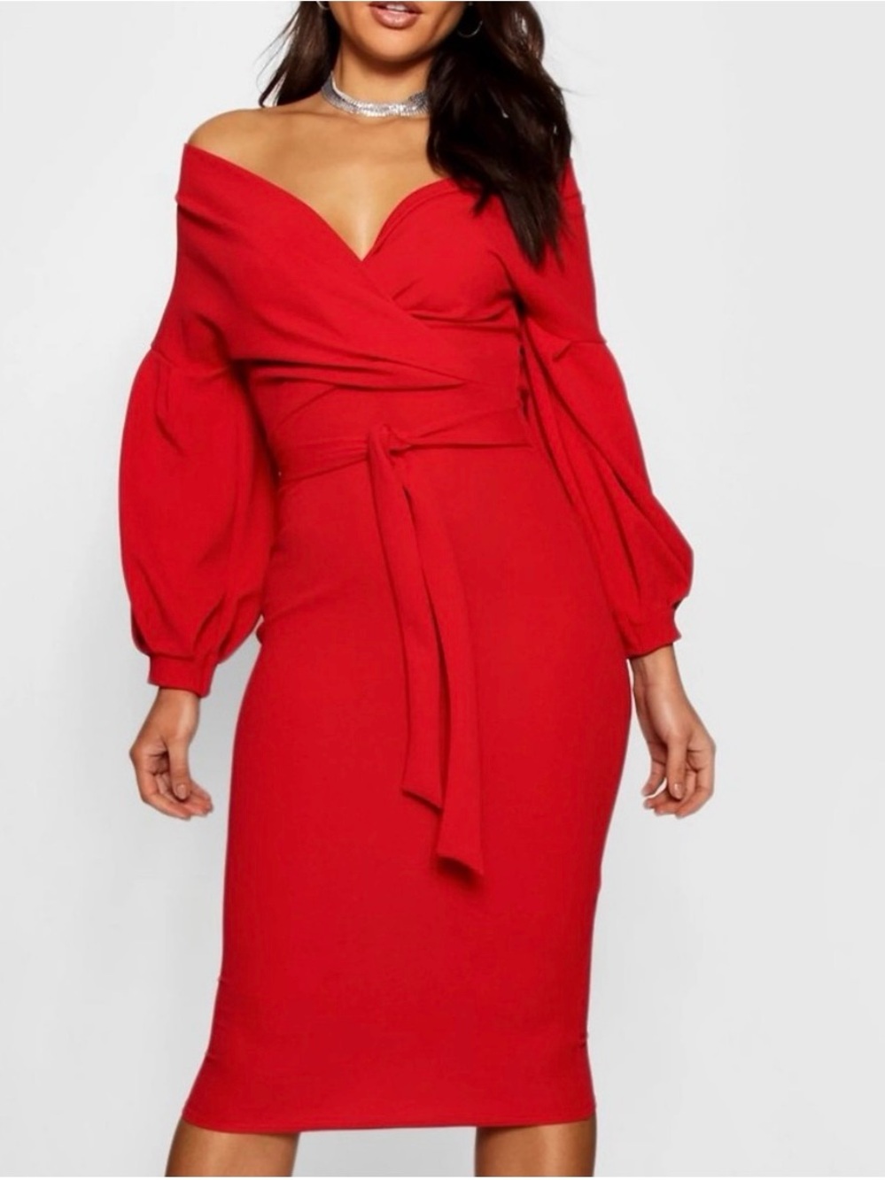 NWT Boohoo Red Off Shoulder Bardot Wrap Midi Dress Size US 12 UK 16 EUR 44